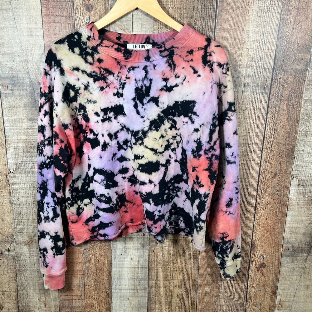 Anthropologie Letluv Tie Dye Sweatshirt Medium Cropped Raw Hem Boho Black